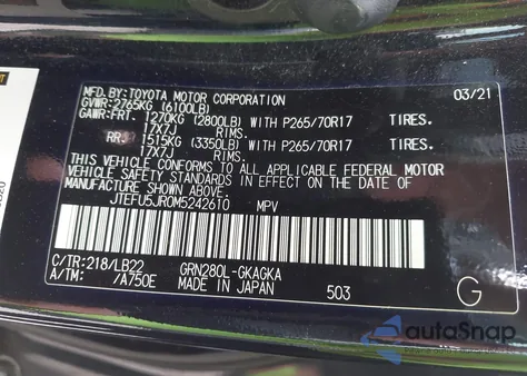 2021 Toyota 4Runner Sr5 Premium from USA, damaged, VIN JTEFU5JR0M5242610